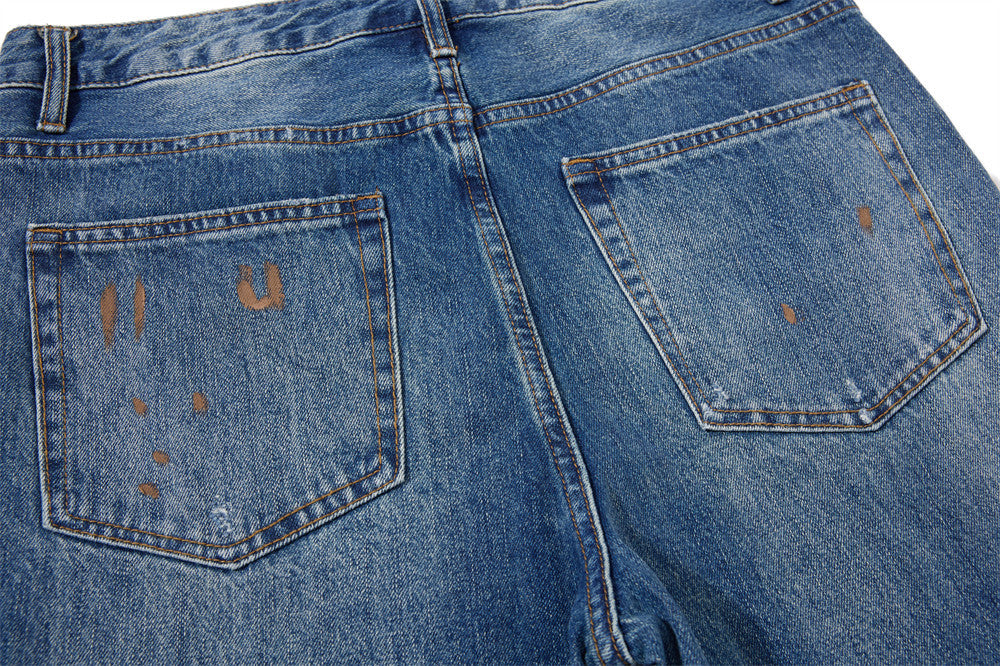 Men's Washed Distressed Flare Jeans with Graffiti Paint Splatter