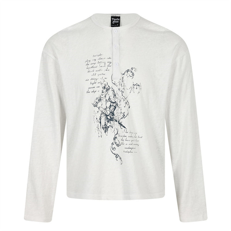 Langarm-Henley-T-Shirt für Herren mit Relaxed Fit, abstraktem Krieger-Tuscheprint und kalligrafischem Schriftzug in Off-White und Schwarz
