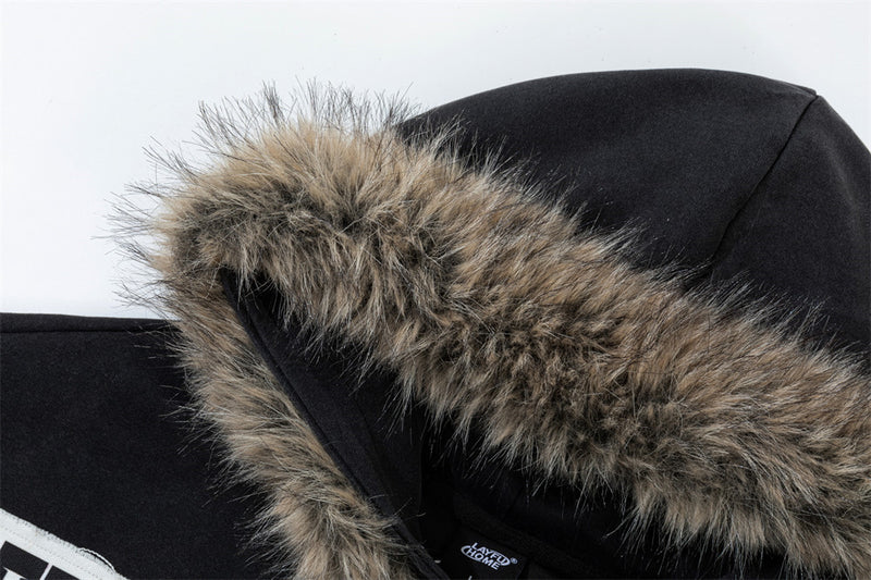 Fur Trim Zip-Up Hoodie with Letter Patch Appliqué and Washed Finish