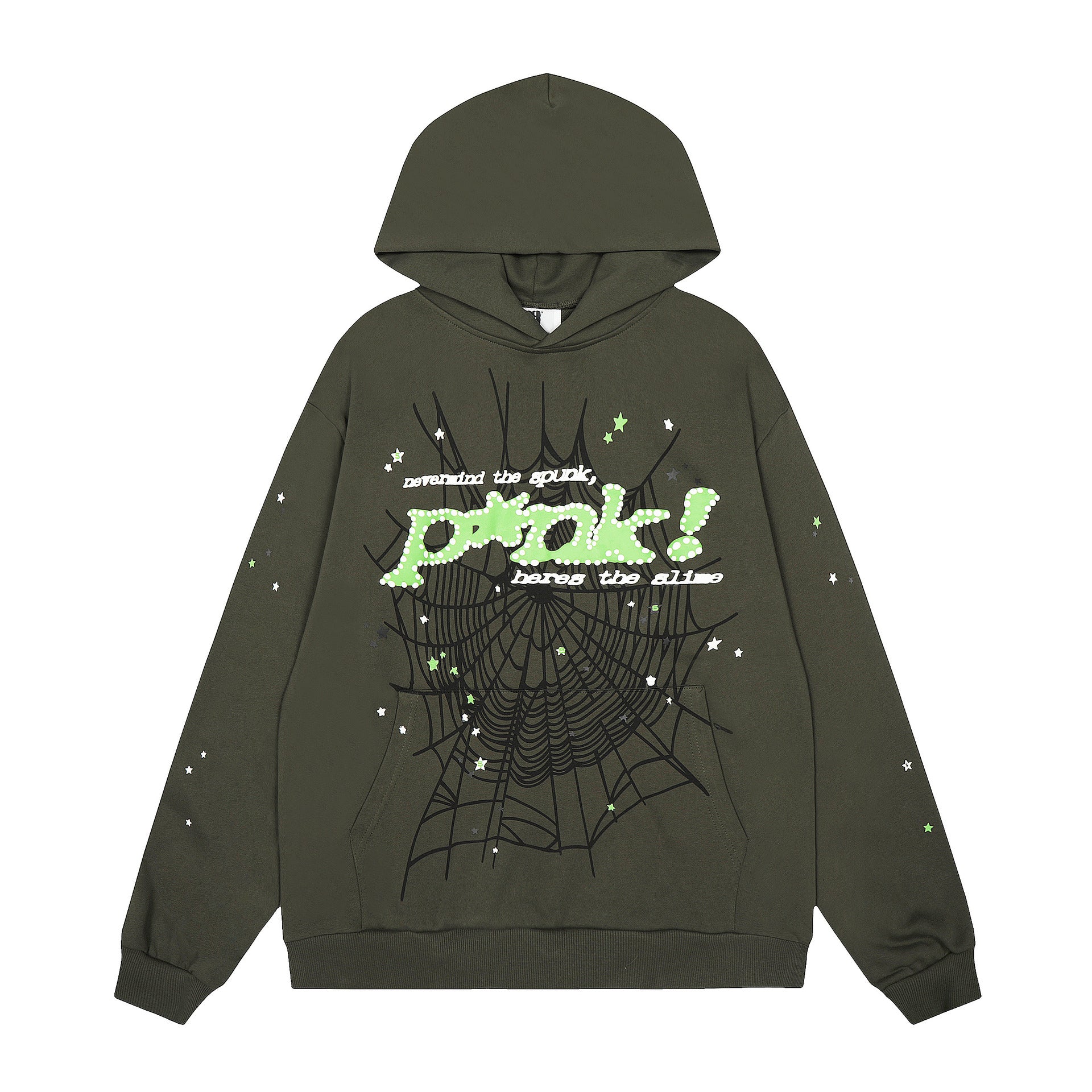 Sp5der “P!nk! Hares the Slime” Hoodie – Olive Green 440GSM Heavyweight Spider-Web Pullover