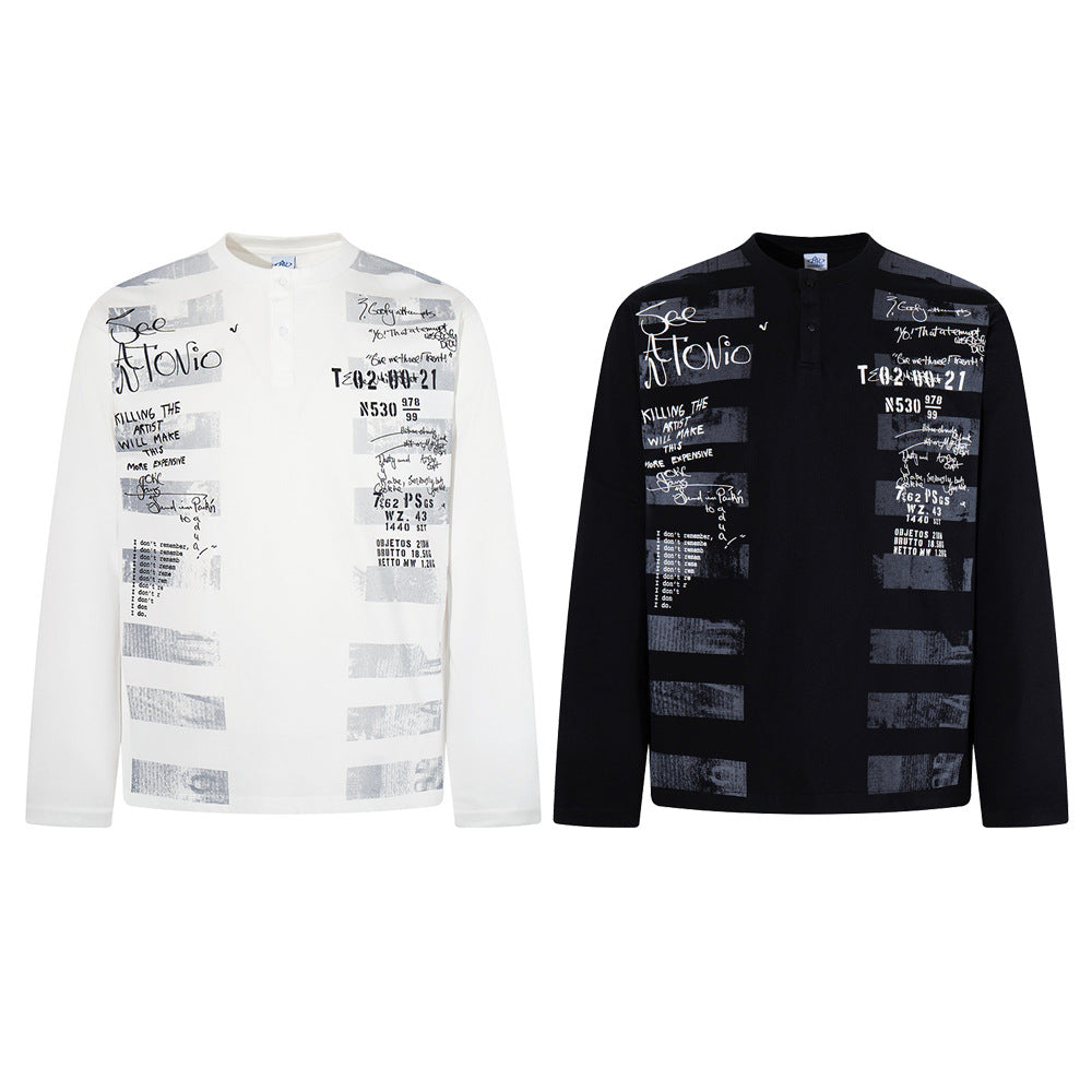 Men's Black and White Striped Graphic Long-Sleeve Shirt – Relaxed Fit