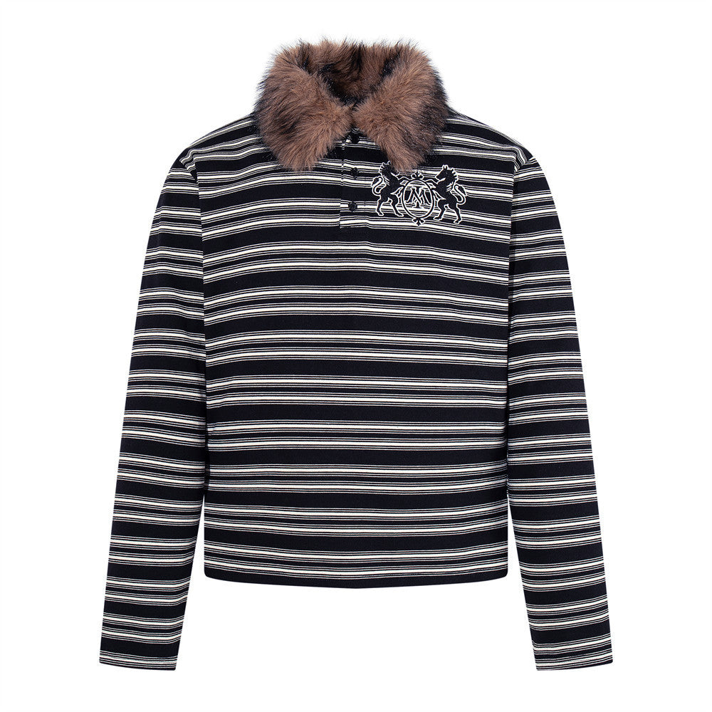 Men's Striped Long-Sleeve Polo Shirt with Detachable Faux-Fur Collar