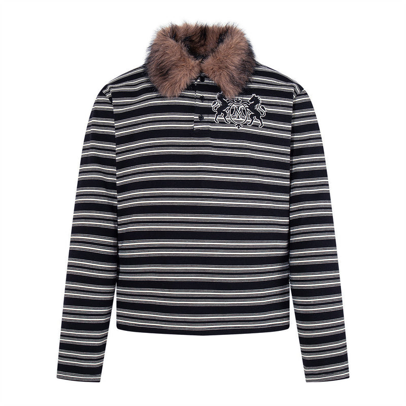 Men's Striped Long-Sleeve Polo Shirt with Detachable Faux-Fur Collar
