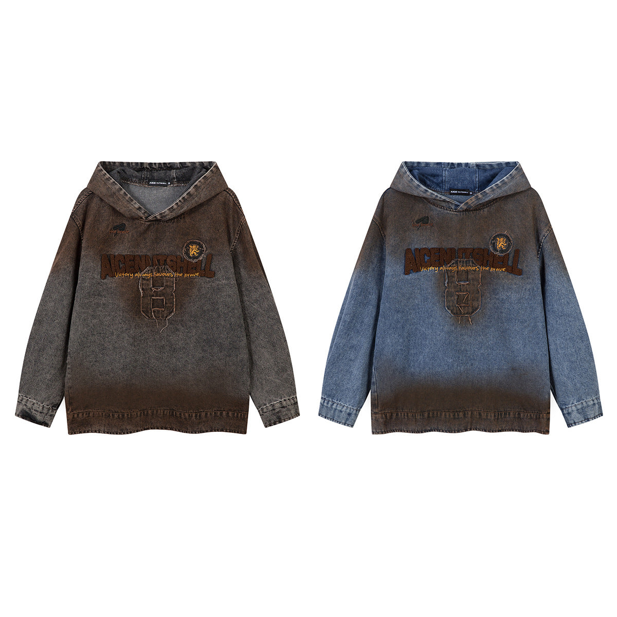 Washed Denim Hoodie Jacket – Boxy Fit with Embroidered Appliqué