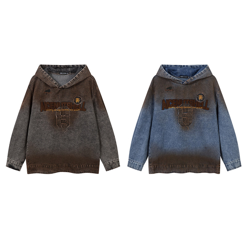 Washed Denim Hoodie Jacket – Boxy Fit with Embroidered Appliqué
