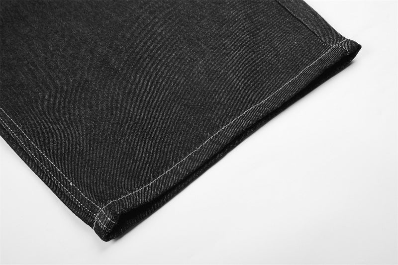 Men's Wide-Leg Jeans – Loose Fit Dark Black Denim with Back Script Embroidery &