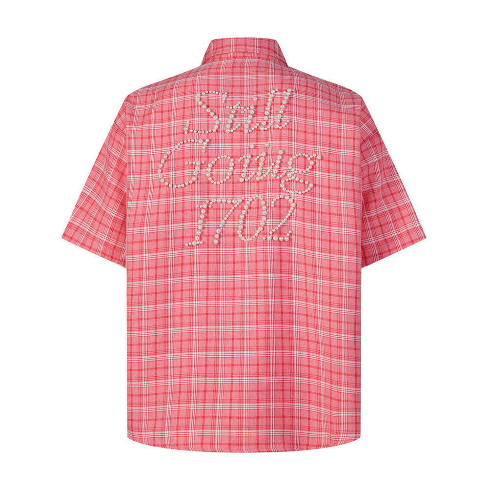 Oversized Plaid Short Sleeve Shirt with Pearl Bead Script Detail