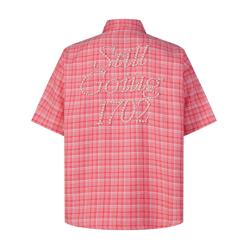 Oversized Plaid Short Sleeve Shirt with Pearl Bead Script Detail