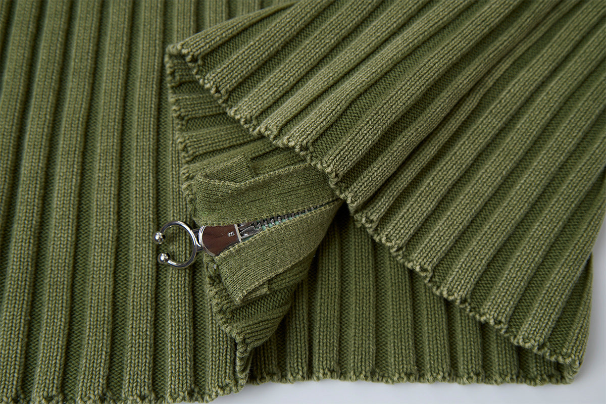 Ribbed Knit Mock-Neck Full-Zip Cardigan Sweater with Lightning Bolt Embroidery
