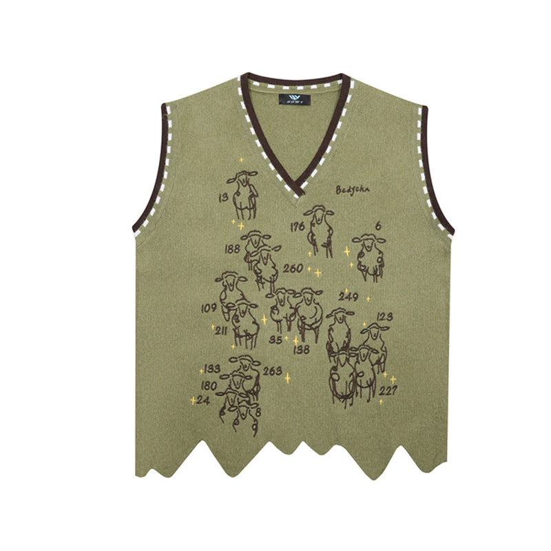 V-Neck Knit Sweater Vest with Sheep Jacquard Graphic — Retro College Style