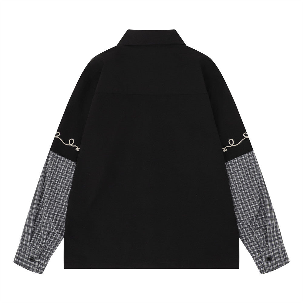 Embroidered Patchwork Plaid Long Sleeve Shirt – Oversized Floral Vine Design