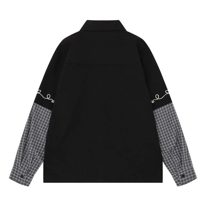 Embroidered Patchwork Plaid Long Sleeve Shirt – Oversized Floral Vine Design