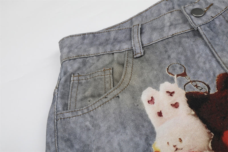 Wide-Leg Distressed Jeans – Digital Print Charms & Ripped Washed Denim