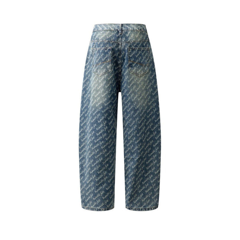 Men's Wide-Leg Jeans – Allover Script Letter Print, Loose Straight Fit