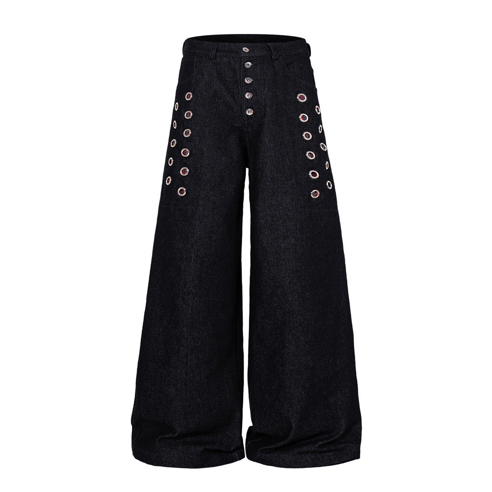 Wide-Leg Denim Jeans with Metal Eyelet Detail & Button Fly