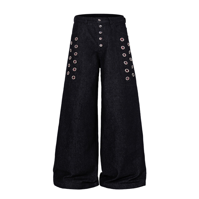 Wide-Leg Denim Jeans with Metal Eyelet Detail & Button Fly