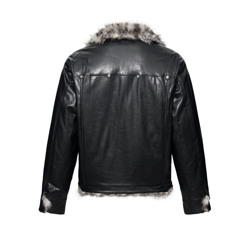 Black Faux Leather Biker Jacket with Faux Fur Collar & Lining