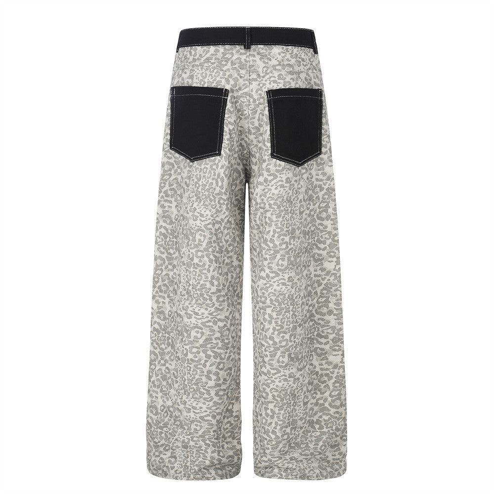 Leopard Print Wide-Leg Cargo Pants – Contrast Pocket Embroidered Streetwear Trou