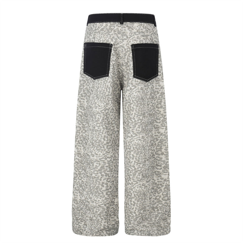 Leopard Print Wide-Leg Cargo Pants – Contrast Pocket Embroidered Streetwear Trou