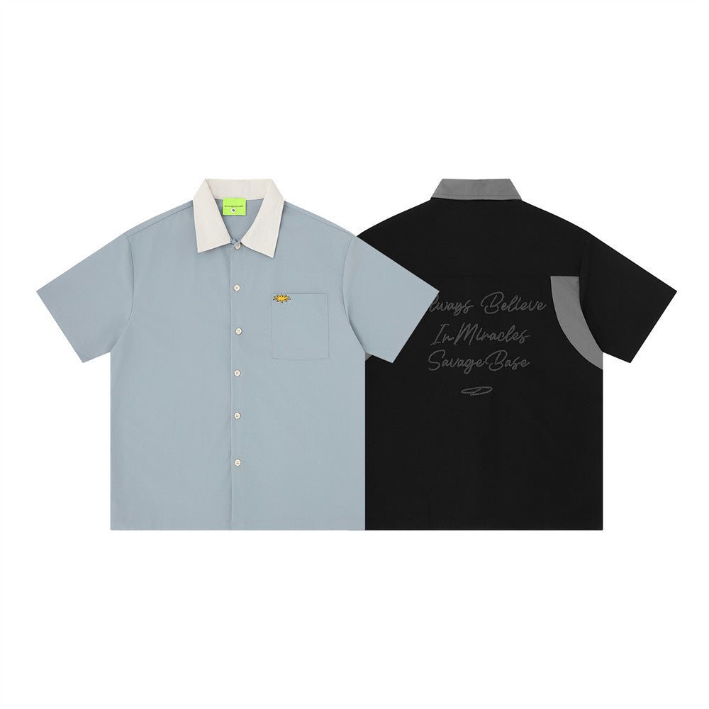 Colorblock Embroidered Short Sleeve Shirt – Men's Street Style Button-Up