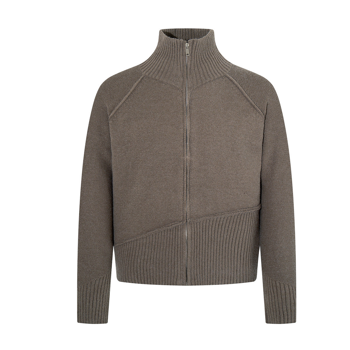 Veste-pull en maille kaki à col montant et fermeture zippée intégrale, ourlet côtelé et manches raglan