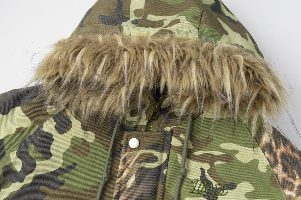 Camo Leopard Print Bomber Jacket with Faux Fur Hood