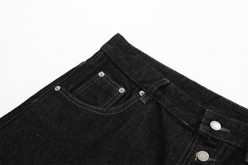 Black Denim Wide-Leg Shorts with Diagonal Button Placket