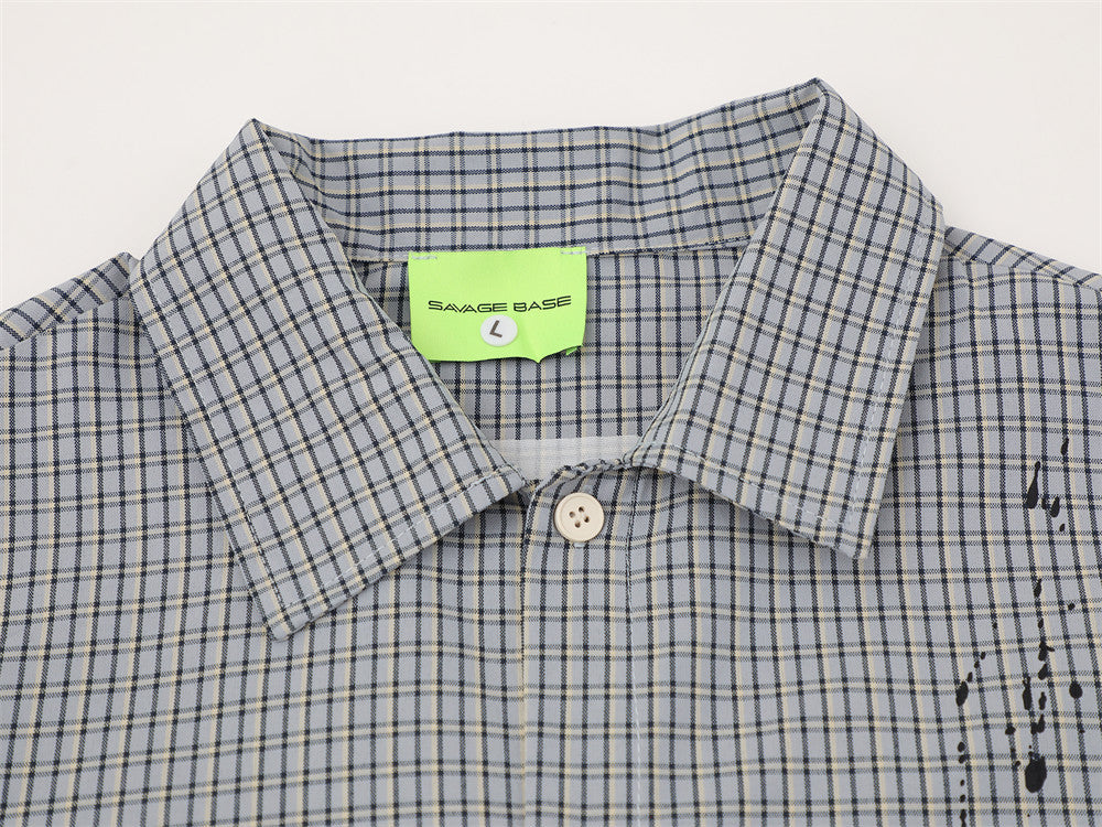 Paint Splash Embroidery Plaid Short Sleeve Shirt – Oversized Fit