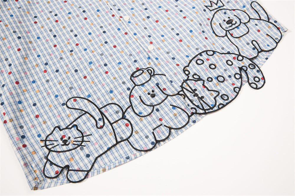 Men's Plaid Long Sleeve Shirt with Cartoon Dog Embroidery and Colorful Polka Dot