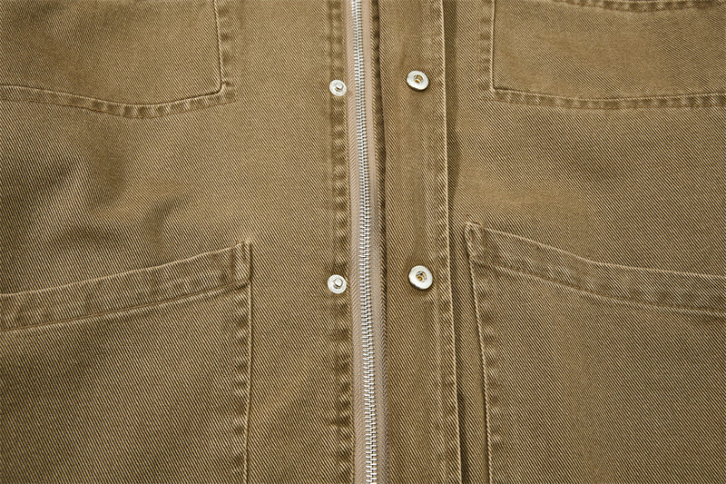 Vintage Workwear Denim Jacket – Stand Collar, Zip Chest Pockets & Oversized Fit