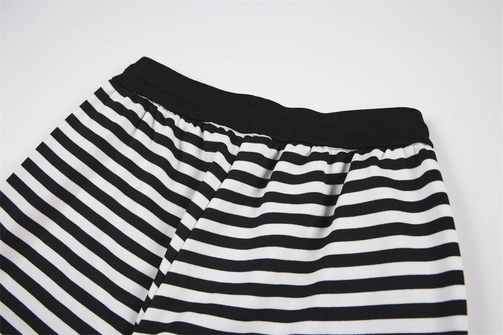 Black & White Striped Wide-Leg Pants with Drawstring Waist