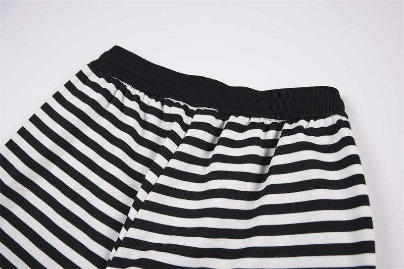 Black & White Striped Wide-Leg Pants with Drawstring Waist