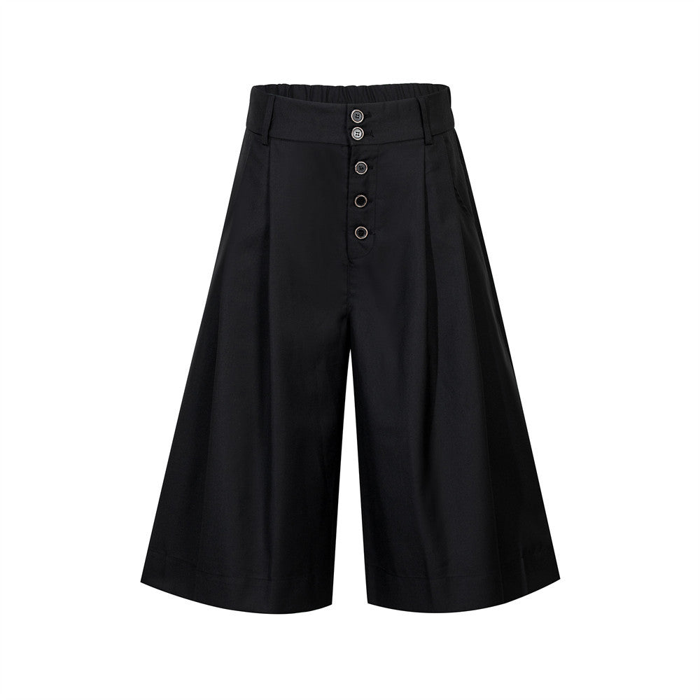 Wide-Leg Pleated Culottes Shorts with Button Fly