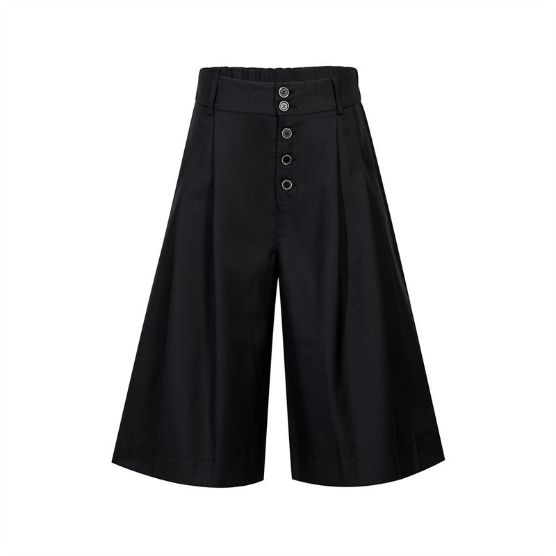 Wide-Leg Pleated Culottes Shorts with Button Fly