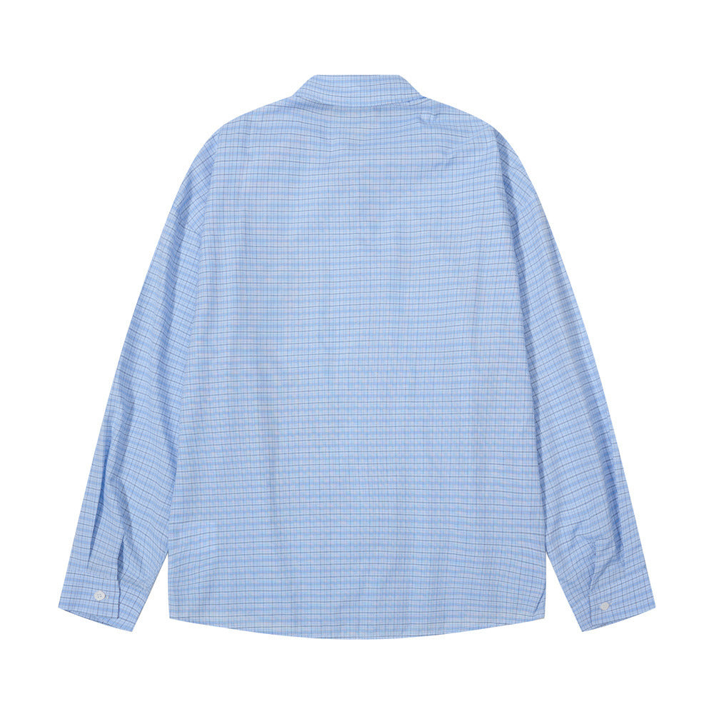 Blue plaid long sleeve button-up shirt, back view