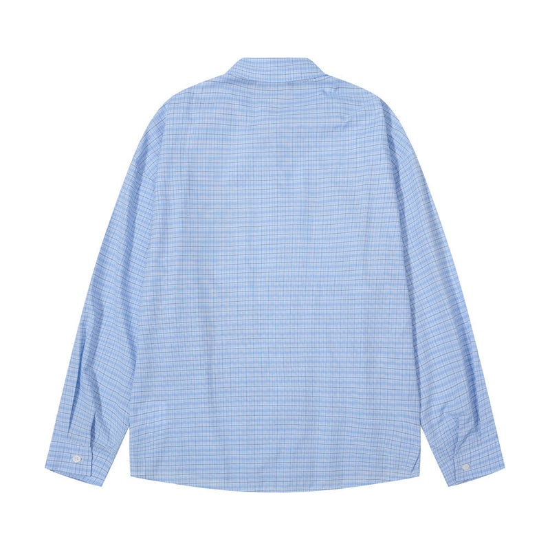 Blue plaid long sleeve button-up shirt, back view