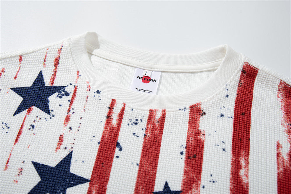 Men's American Flag Star Print Long Sleeve Shirt – Distressed Waffle-Knit Tee