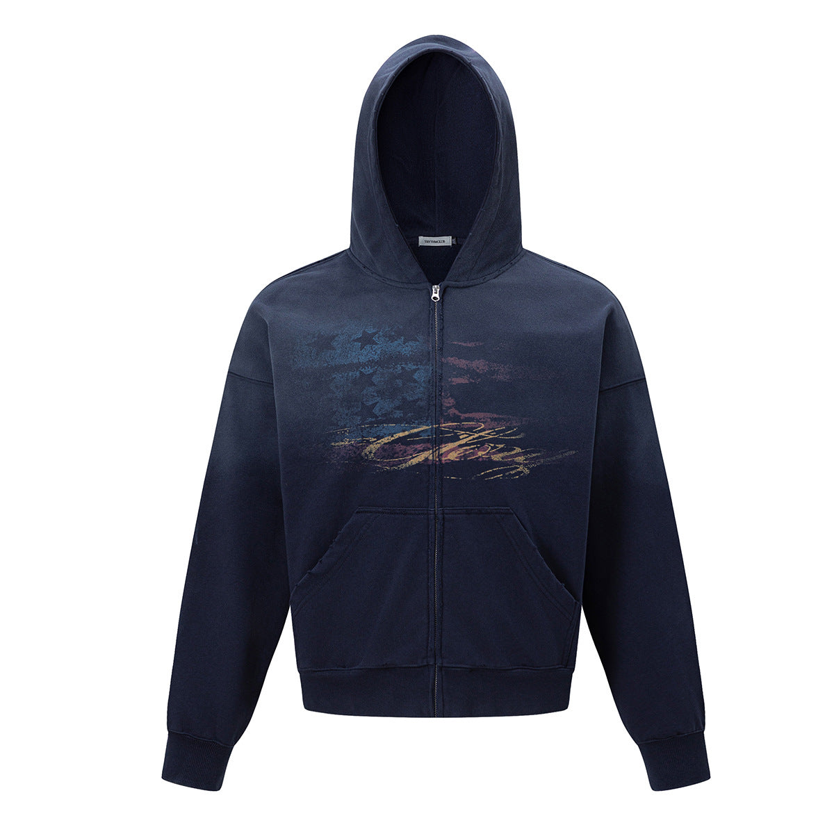 Sweat à capuche zippé drapeau américain usé – Streetwear vintage délavé