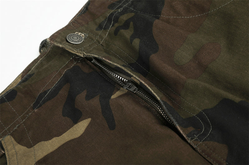 Camo Cargo Pants Wide-Leg Multi-Pocket Zip-Hem Trousers