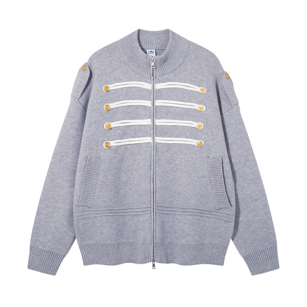 Cardigan zippé en maille à galons militaires – Col montant oversize avec