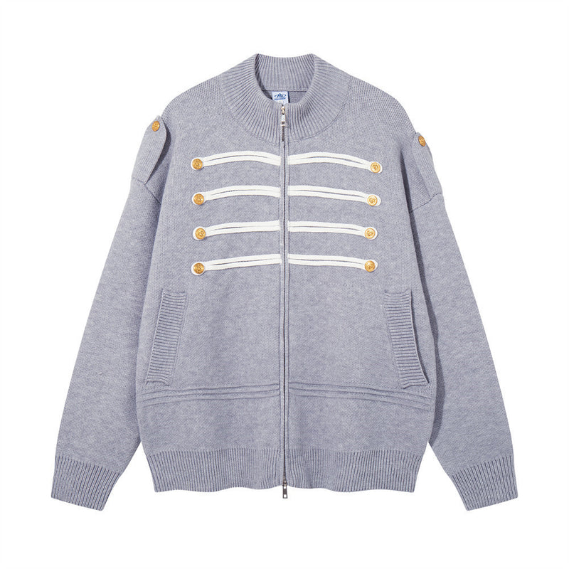 Cardigan zippé en maille à galons militaires – Col montant oversize avec