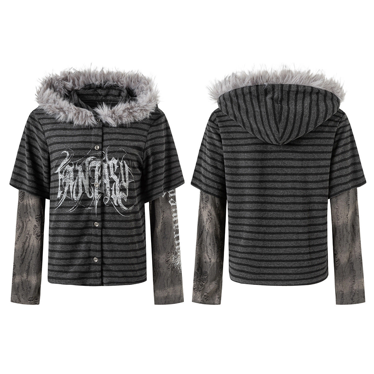 Gestreifter Cardigan mit Kapuze und Fellbesatz sowie Ärmeln in Faux-Layer-Optik