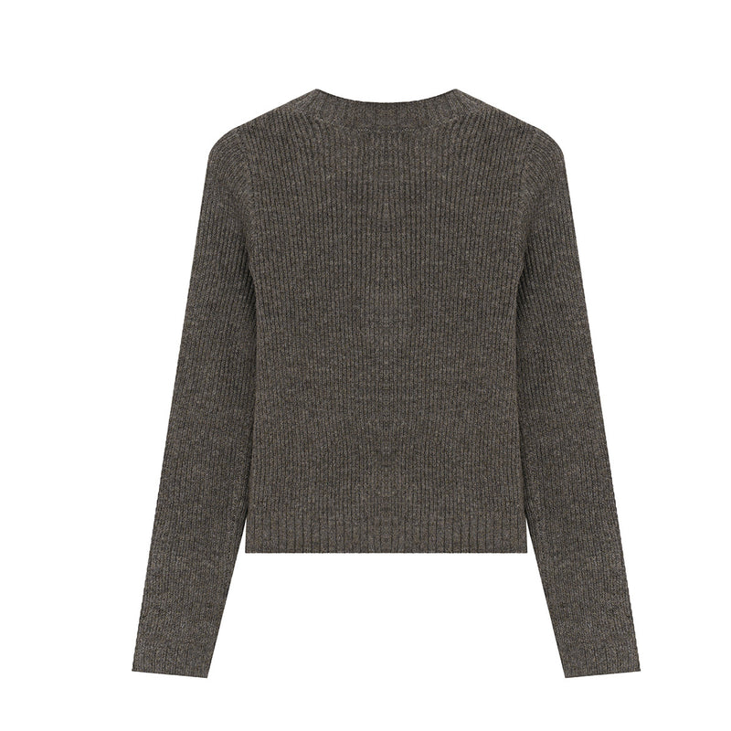 Ribbed Henley Knit Sweater – Slim Fit Cropped Long Sleeve Top