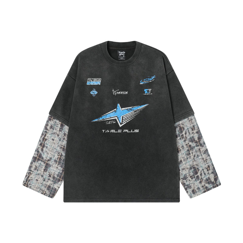 Chemise homme noire délavée à manches longues – Motif racing et manches à carreaux superposées