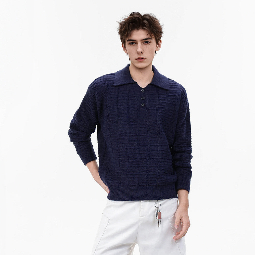 Polo-pull homme en maille texturée – Pull col boutonné à manches longues