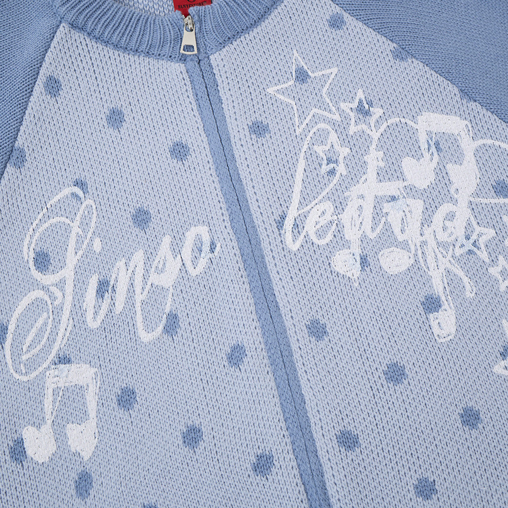 Colorblock Raglan Zip-Up Knit Cardigan – Polka Dot Star Graphic Sweater