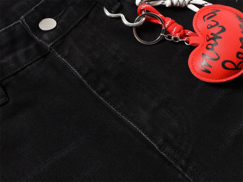 Star Print Wide-Leg Jeans – Men's Baggy Black Denim with Heart Charm