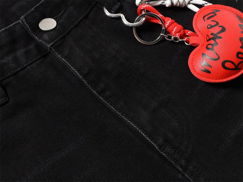 Star Print Wide-Leg Jeans – Men's Baggy Black Denim with Heart Charm