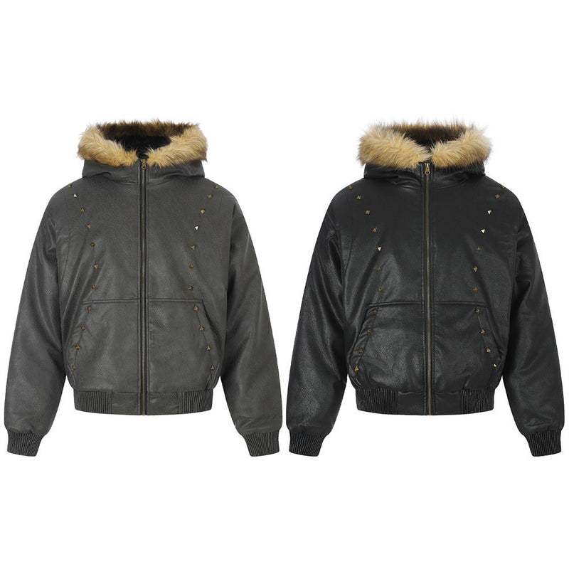 Punk Fur-Collar Studded PU Leather Hooded Bomber Jacket
