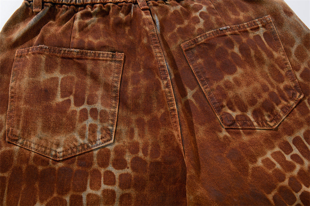 Leopard Print Wide-Leg Denim Shorts – Washed Rust Brown Animal Print